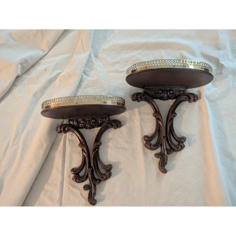 Lot of 2 Syroco Wood Wall Corbel Shelves Brass Gallery Rail MCM 11 In